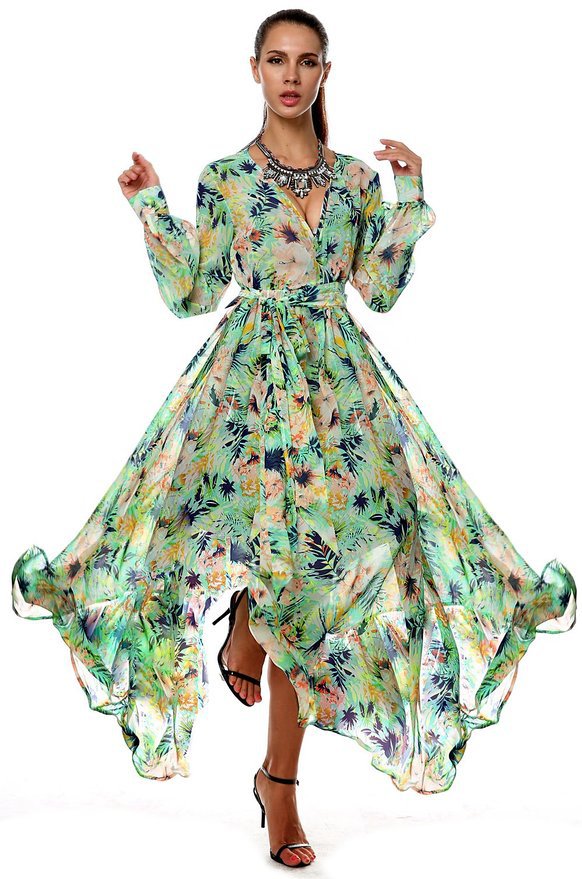 F2440-2 Women Summer Tropical Flower Printed Chiffon Long Sleeve Beach Dress